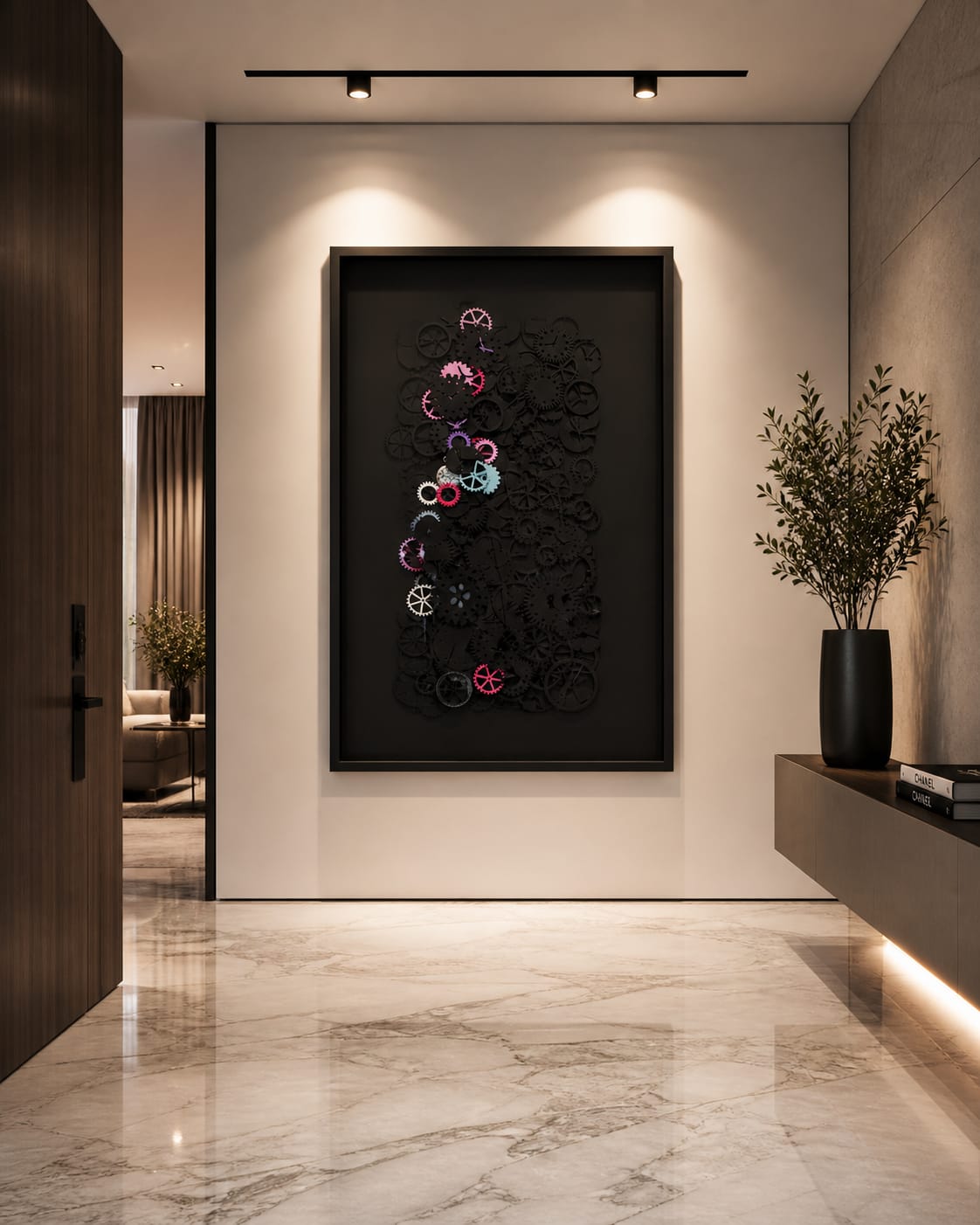 Quadro corporativo personalizado com logo em fundo de MDF claro e detalhes dourados — Concept 05