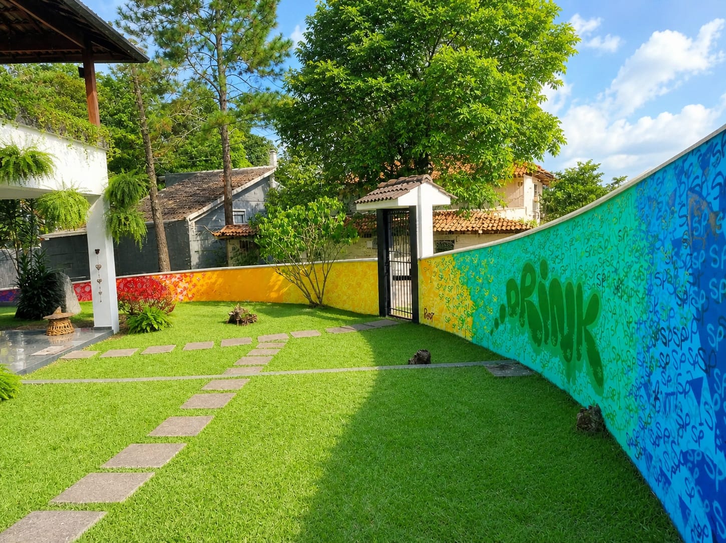 Mural artístico em arco-íris pintado em parede curva — muralista Rodney Silva, pintura mural decorativa
