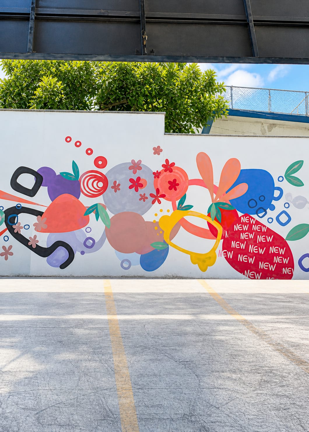 Mural decorativo colorido com elementos florais e geométricos para fachada externa — pintura mural artística Rod7